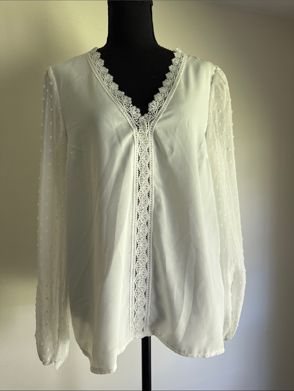 SHEIN White V-Neck Lace Trim Dot Sheer Sleeve Blouse